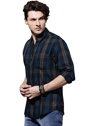 IndoPrimo Men's Classic Fit Checks Cotton Casual Shirt for Men Full Sleeves - Lexus (Large, Navy Blue)