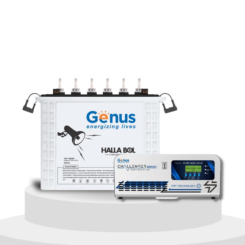 Genus Inverter & Battery Combo (Challenger 1200 Pure Sine Wave 900VA/12V Inverter, Halla BOL GTT240 Tall Tubular 150Ah Inverter Battery) for Home & Office