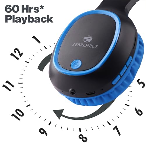 ZEBRONICS Thunder 60 hrs Playback time Bluetooth Wireless Headphone with FM, mSD, Playback with Mic (Blue)