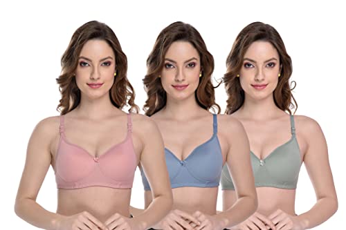 MiEstilo Women's Cotton Blend Lightly Padded Wirefree T-Shirt Bra Combo, Pack of 3_Baby Pink, Baby Blue & Mint Green_Size 34