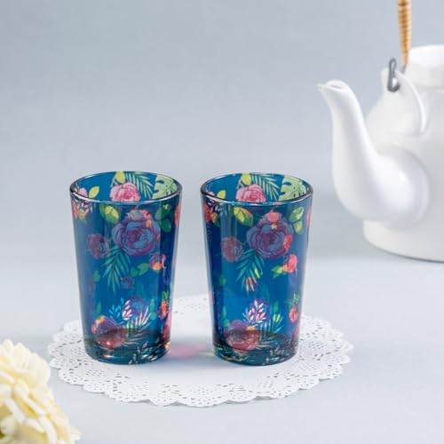 KOLOROBIA Misty Morning Roses Blue Chai Glass/Tea Glass, Flame Proof, Microwave & Dishwasher Safe | for Daily Use & Gifting, (Set of 2)