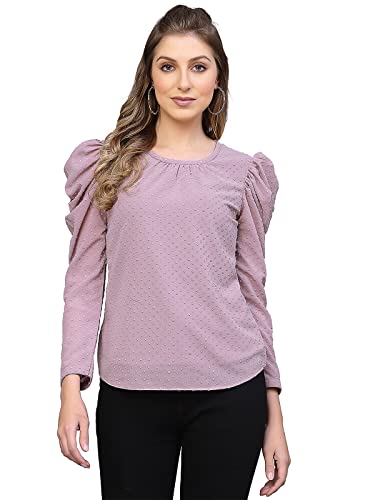 Selvia Women's Dyed Puff Sleeve Rotto Butti Round Neck Casual Top(430TK381N-Xl_Lavender4)