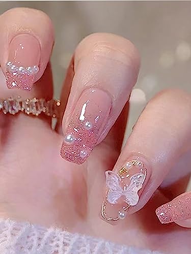 Secret Lives® acrylic translucent press on nails artifical designer 3D white bow & pearl with pink glitter color nails extension 24 pieces combo set with kit beautiful fake false nails