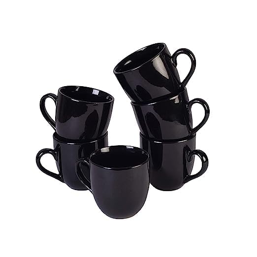 DINNERDINE All Black Glossy Ceramic Tea/Coffee Cup Set - 6 Handmade Ceramic Mugs (220ml) - Microwave Safe