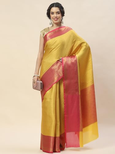 Meena Bazaar Zari Jaal Cotton Woven Saree With Blouse (Mustard)