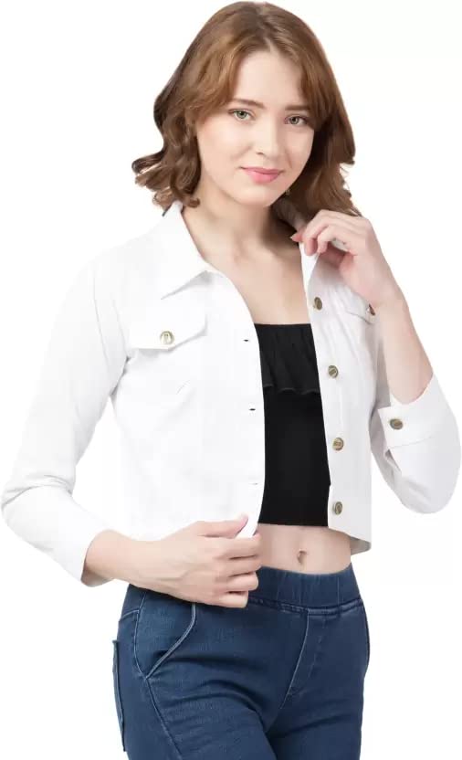 FUNDAY FASHION Women Solid Casual Cotton Blend Jacket (X-Large, White)