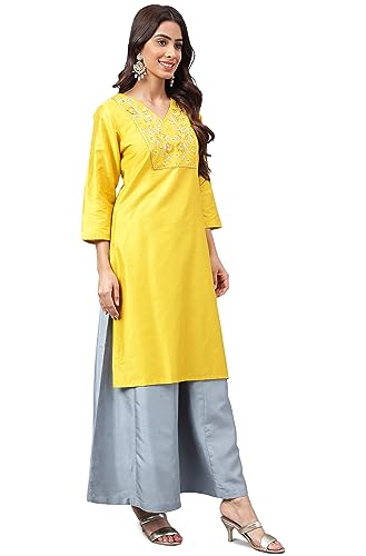 Janasya Women's Yellow Poly Silk Yoke Embroidered Straight Kurta(JNE4163-KR-M)