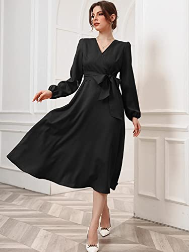 Istyle Can Dress for Women Solid Belted Wrap Dress with Bishop Sleeves Surplice Neck High Waist & Flared Hem Midi Dress for Women | Dresses for Women Long Dresses for Women (Large, Black)