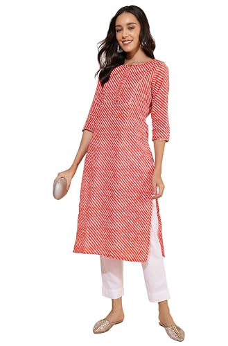 Janasya Women's Red Cotton Striped Straight Kurta(JNE4241-KR-XL)