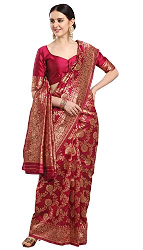 EthnicJunction Women's Banarasi Silk Blend Saree with Blouse Piece (EJ6008-1009-Banarasi-Bale-Cherry Maroon_Red, Maroon)