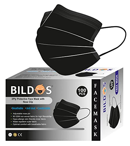Bildos® Non-Woven Fabric 3 Layer Disposable Face Mask With Nose Clip (Black) For Men & Women (100)