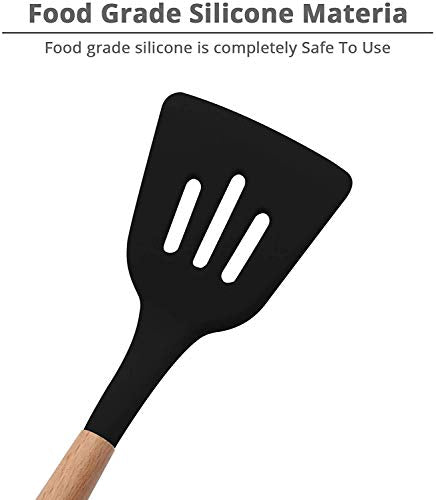 Spatlus Woodtula Silicone Slotted Spatula Turner,Heat Resistant up to 445°F, BPA Free, Food Grade Wooden Handle Nonstick Flipper for Fish, Eggs, Omelets 32 cm