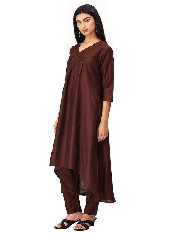 Inakshini Suhana Chocolate Brown High - Low Co-ord Set with V Neck and Straight Pants - XL