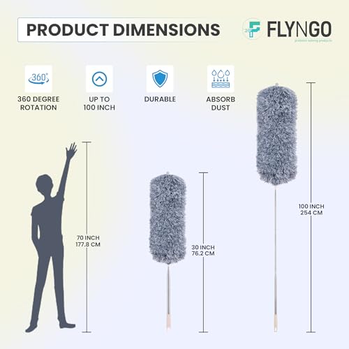FLYNGO Microfiber Feather Duster Bendable & Extendable Fan Cleaning Duster with 100 inches Expandable Pole Handle Washable Duster for High Ceiling Fans, Window Blinds, Furniture (Grey)