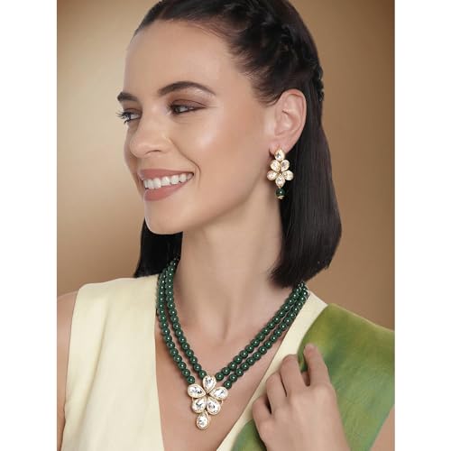 Peora Gold Plated Crystal Pearl Long Necklace with Drop Earrings Traditional Ethnic Jewellery Set for Women Girls