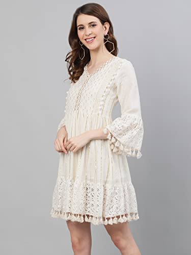 ishin Women's Cotton Above Knee Length A-Line Indo Western Dress Topknm-11017_M_Off White