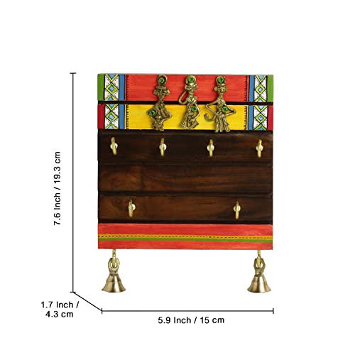 ExclusiveLane 'Tribal Borders' Home Decorative Wooden Key Holder for Home Décor Stylish (6 Hooks, Sheesham Wood, Warli Hand Painted)|Keychain Holder Key Hangers Key Stand Hanging Key Holder for Wall