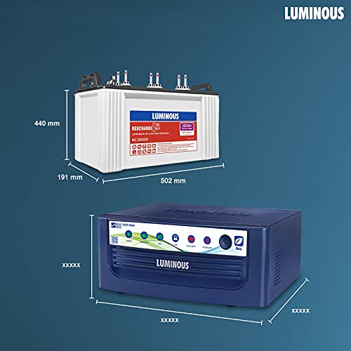 Luminous Inverter & Battery Combo (Eco Volt Neo 850 Pure Sine Wave 700VA/12V Inverter, Red Charge RC 15000ST ShortTubular 120Ah Battery) for Home, Office & Shops