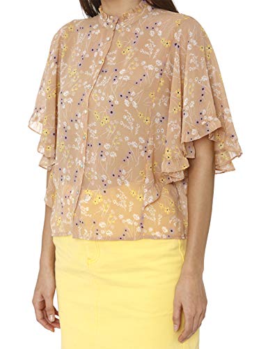 VERO MODA Womens Ruffle Collar Floral Printed Top (Beige_Medium)