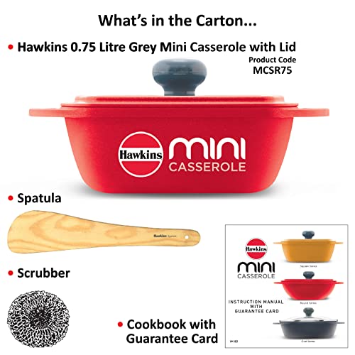 Hawkins Aluminium 0.75 liter Mini Casserole With Lid, Square Series Die-Cast Pan For Cooking, Reheating, Serving And Storing, Red (Mcsr75)