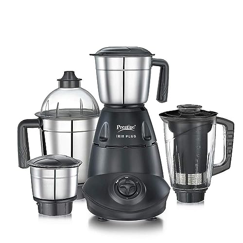 Prestige IRIS Plus 750 W Mixer grinder with 4 Jars (3 stainless steel Jars+ 1 Juicer Jar)| 4 Super efficient stainless blades | 2 years warranty| Black