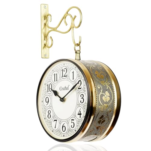 CRAFTEL Metal Analog Double Sided Vintage Railway Station Wall Clock Platform Hanging Clock for Living Room Home Office (Shiny Gold_8 Inches)