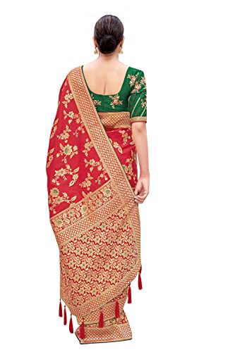 Monjolika Fashion Women's Banarasi Silk Blend Zari Woven Work With Tussles Saree and Embroidered Work Blouse Piece (37769 color) (Red)