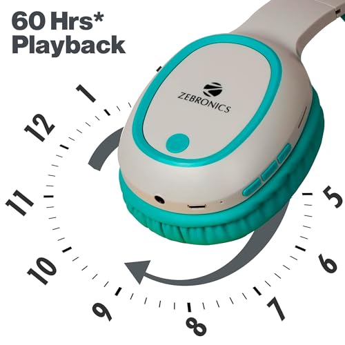 ZEBRONICS Thunder 60 hrs Playback time Bluetooth Wireless Headphone with FM, mSD, Playback with Mic (Sea Green)