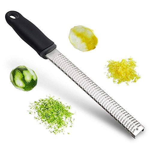 Spatlus Lemon Zester & Cheese Grater Parmesan Cheese, Lemon, Ginger, Garlic, Nutmeg, Vegetables, Fruits - Razor-Sharp Stainless Steel Blade Protective Cover, Dishwasher Safe Long (Black)