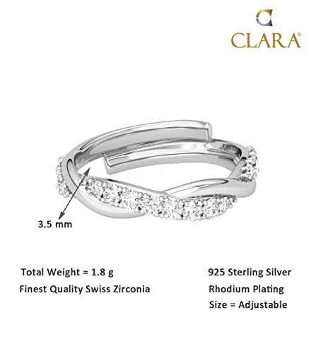 Clara Pure 925 Sterling Silver Twist Finger Ring with Adjustable Band | Gift for Women Girls Wife Girlfriend | Swiss Zircon Rhodium Plated