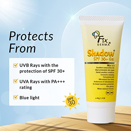 Fixderma Shadow Sunscreen SPF 30+ Gel | Sunscreen for Oily Skin | Sun Screen Protector SPF 30 | Sunscreen for Body & Face | Broad Spectrum Sunscreen for UVA & UVB Protection | Sunscreen for Women & Men | Non Greasy & Water Resistant - 40gm