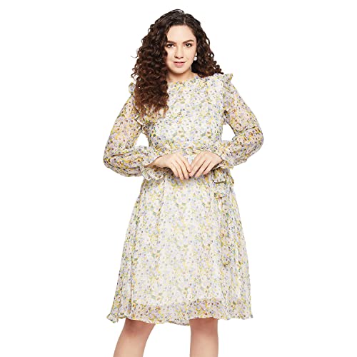 Serein Polyester Women's Midi Dress (Printed Dress with Shoulder Ruffle Full Sleeve) (Multi, Medium) (SER-DRESS-CV-1-M)