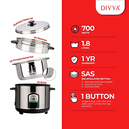 DIVYA Stainless Steel 1.8 Liters Cylinder Electric Rice Cooker 700W and Steamer