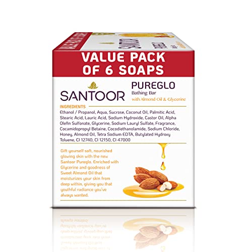 Santoor PureGlo Glycerine Bathing Bar Soap with Almond Oil for Nourished & Glowing Skin| Gentle & Rich Lathering Formula| Refreshing Fragrance| For All Skin Types (125g, Pack of 6)