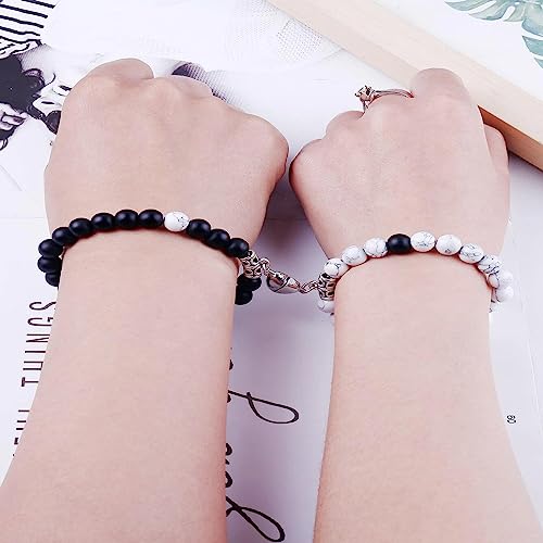 Fashion Frill Stylish Couple Bracelets Black & White Natural Stone Onyx Stretchable Wrist Band Heart Magnetic Bracelet For Women Men Boys Girls Love Gifts Friendship Bracelets