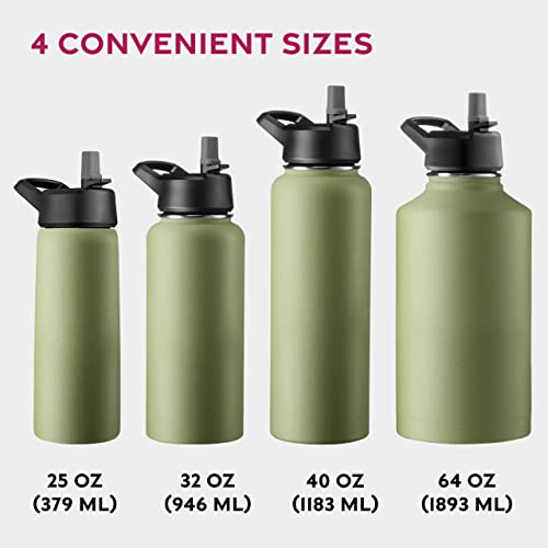 FineDine Triple Insulated Stainless Steel Water Bottle with Straw Lid - Flip Top Lid - Wide Mouth Cap Insulated Water Bottles, Keeps Hot and Cold 750ml Army Green