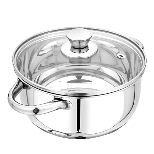 Pristine Stainless Steel Tri Ply Induction Base Cook n Serve Casserole with Glass Lid, 18cm, (2.25L, Silver)