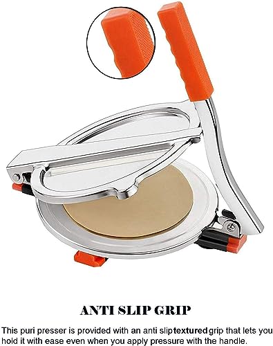 Shiksha Mart Heavy Weight Stainless Steel Puri/Roti Maker Press Machine with Handle, Manual Stainless Steel Poori Press, Papad/Khakhra/Puri/Roti Maker with pre fitted handle, Large size. 6 inch.