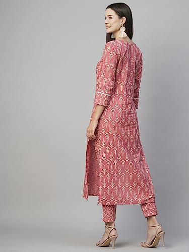 ANNI DESIGNER Women's Cotton Blend Straight Printed Kurta with Pant (Ruby Pink-NW_XL_Pink_X-Large)