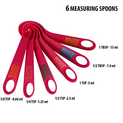 INKULTURE Plastic Measuring Cups and Spoon Set with Ring Holder, 12 Piece Set, Pink