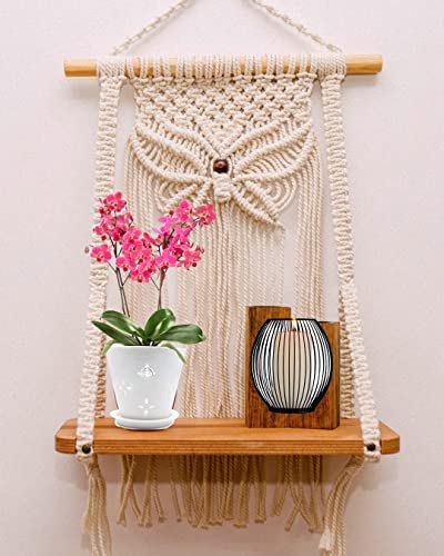 ACN Kohinoor|Handmade Macrame Wall Hanging Shelf, Boho Decorative Floating Shelve With Pinewood Plank For Home Decor Gift, Nursery, Living Room, Party Decoration Size 12 X 5 X 24 In(1-Pcs), Off-White