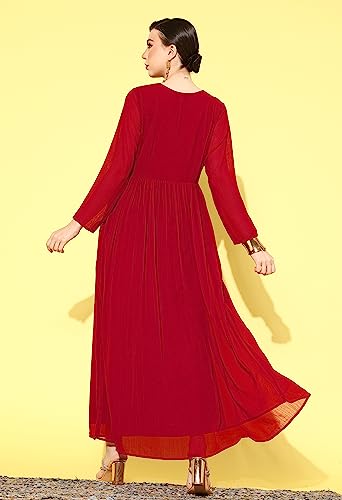 LYMI LABEL Gown for Women - Georgette Pleated Neck Design Embroidery Belt Work Maxi Gown Red