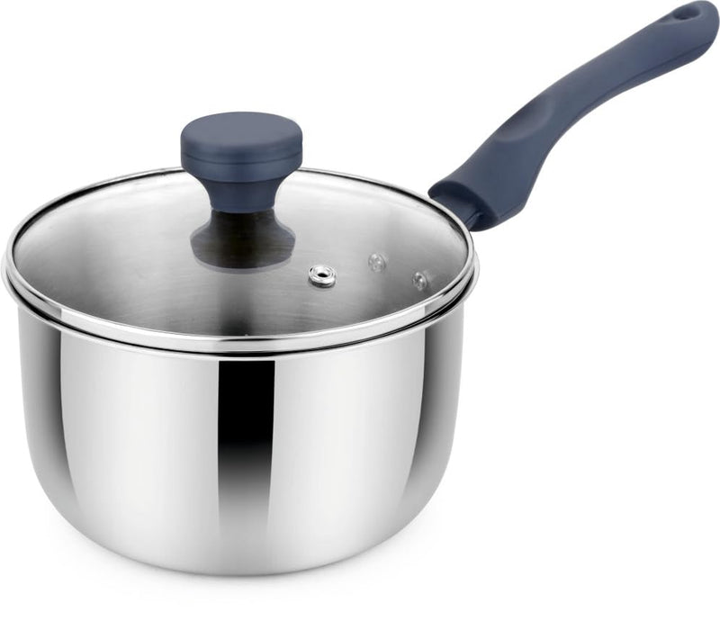 Triply Stainless Steel Saucepan with Glass Lid, Silicon Handle & Knob, Heavy Bottom, 16 CM Polished (Medium)