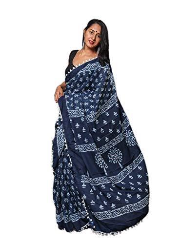 Shivanya Handicrafts Women's Plain Weave Cotton Saree with Blouse Piece (AS061_Multicolour) (Indigo Booti)