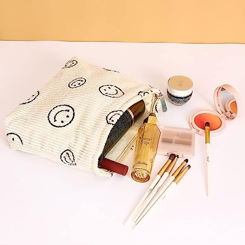 Inralimot Cosmetic Bags for Women - Corduroy Cosmetic Bag Aesthetic Women Handbags Purses Smile Dots Makeup Organizer Storage Makeup Bag Girls Case Bags (Beige)