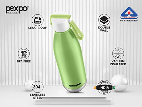 Pexpo Stainless Steel Hot and Cold Vacuum Insulated ISI Certified Flask, 500ml, Green, Espresso | Lightweight & Keeps Drinks Hot/Cold for 24+ Hours