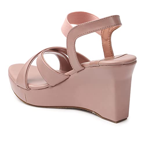 XE Looks Comfortable Peach Wedges Cross Strap Sandals For Women (3 inches heel) -UK 7