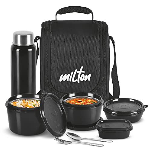 Milton Pro Lunch Tiffin (3 Microwave Safe Inner Steel Containers, 180/320/450 ml; 1 Plastic Chutney Dabba,100 ml; 1 Aqua Steel Bottle, 750 ml, Steel Spoon and Fork) With Insulated Fabric Jacket, Black