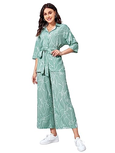 GRECIILOOKS Women Co Ord Set| Collared Self Belted Allover Print| Half Sleeve Shirt| Straight Shirt with Belt| Women Two-Piece Outfits| Summer Wear| Outdoor Wear (XX-Large, Light Green)