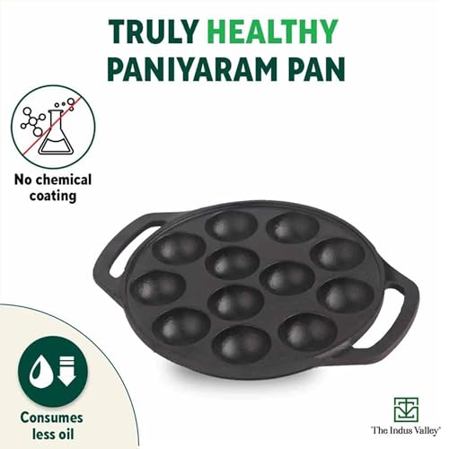 The Indus Valley Pre-Seasoned Cast Iron Paniyaram Pan with Loop Handle | Medium, 12pit, 8.3Inch/21 cm, 2.8kg | Nonstick Appe/Paddu pan, 100% Pure & Toxin-Free, Black